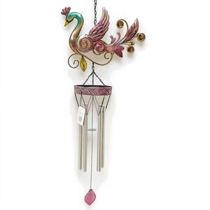 Hanging Peacock Bird Wind Chime Multicolor Garden Ornament Glass Stone Accents